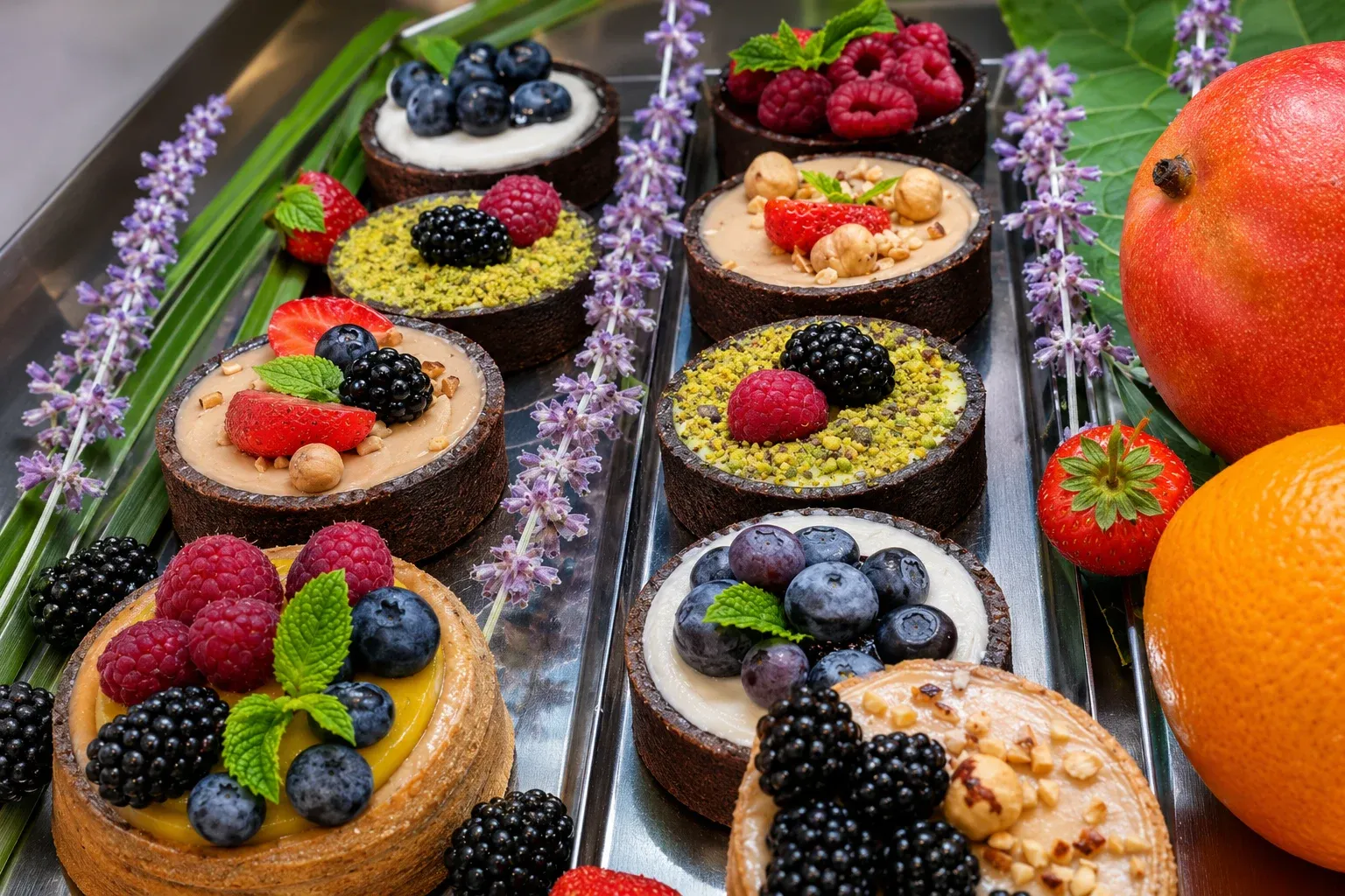 Un vassoio di crostatine artigianali con frutti di bosco, pistacchio e nocciola, decorate con lavanda