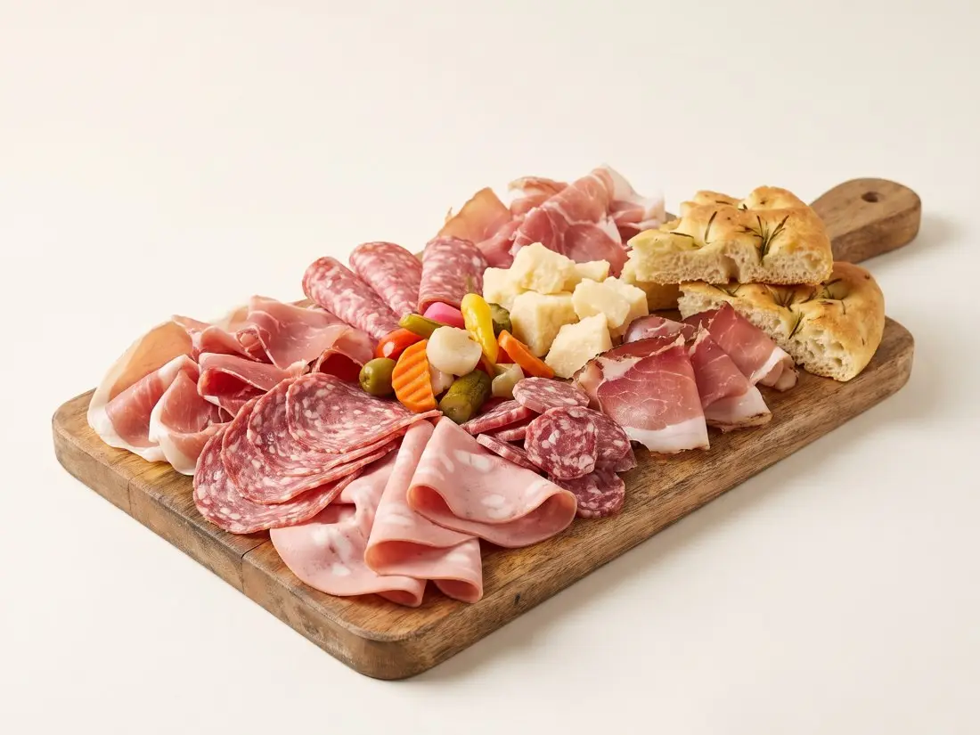 Un tagliere di salumi, formaggi e focaccia dalla carta di Hortus
