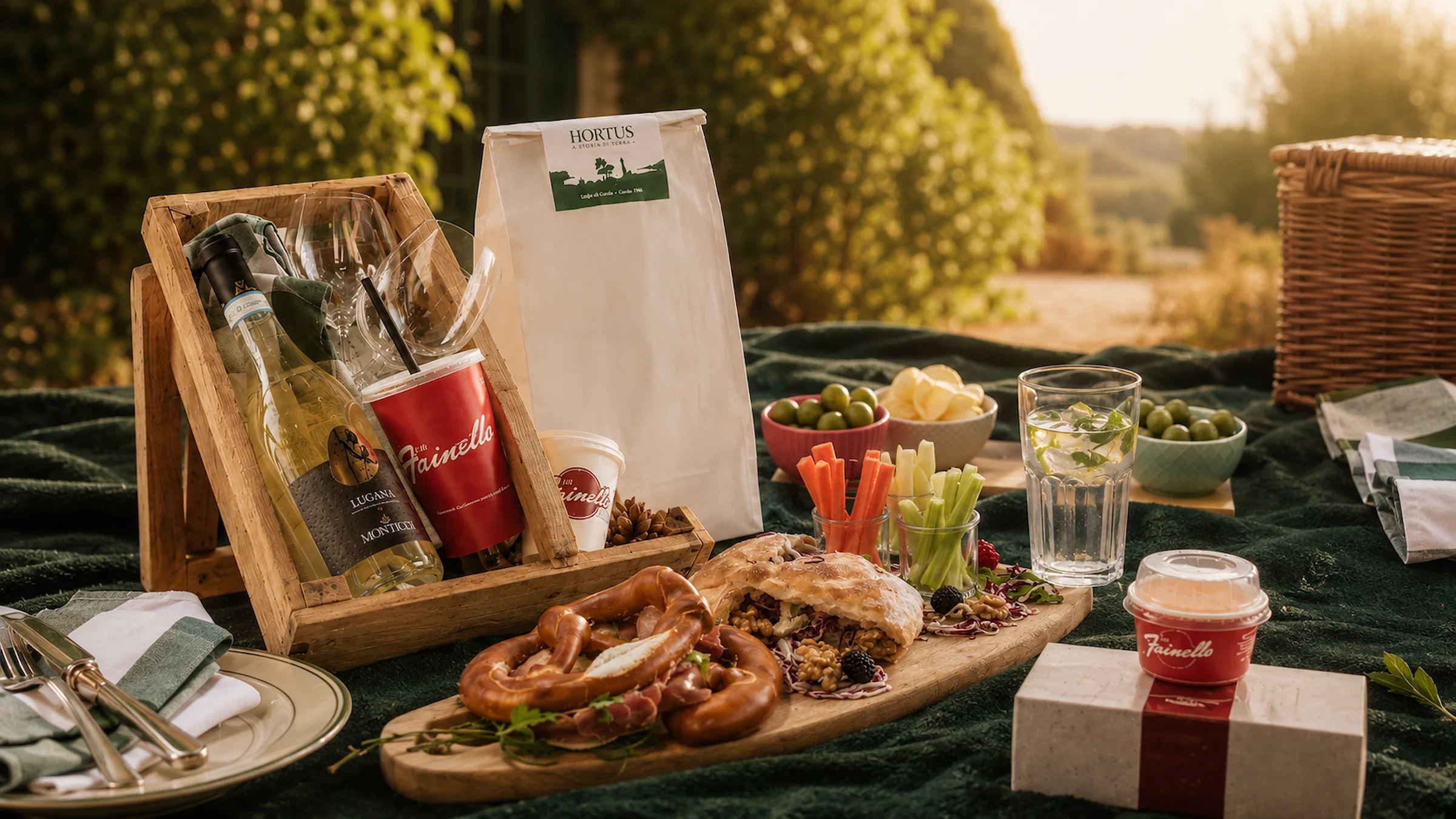 Un picnic Hortus nel parco: vino Lugana e calici in una cassetta di legno, una shopper Hortus, un tagliere con pretzel, bresaola e insalata, olive e un cesto di vimini su una coperta verde scuro
